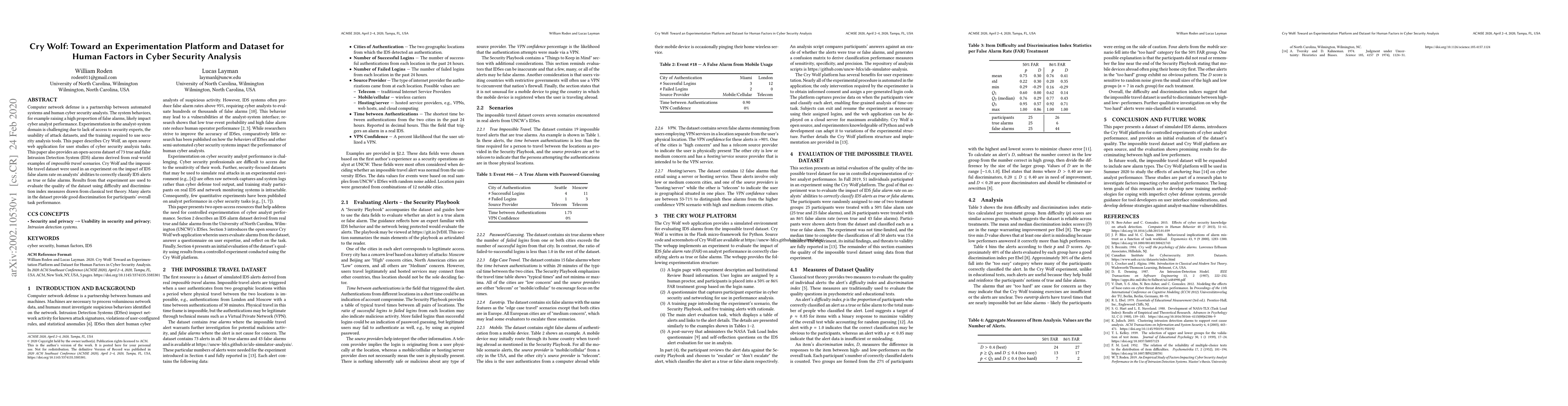 Thumbnail for Cry Wolf: Toward an Experimentation Platform and Dataset for Human
  Factors in Cyber Security Analysis