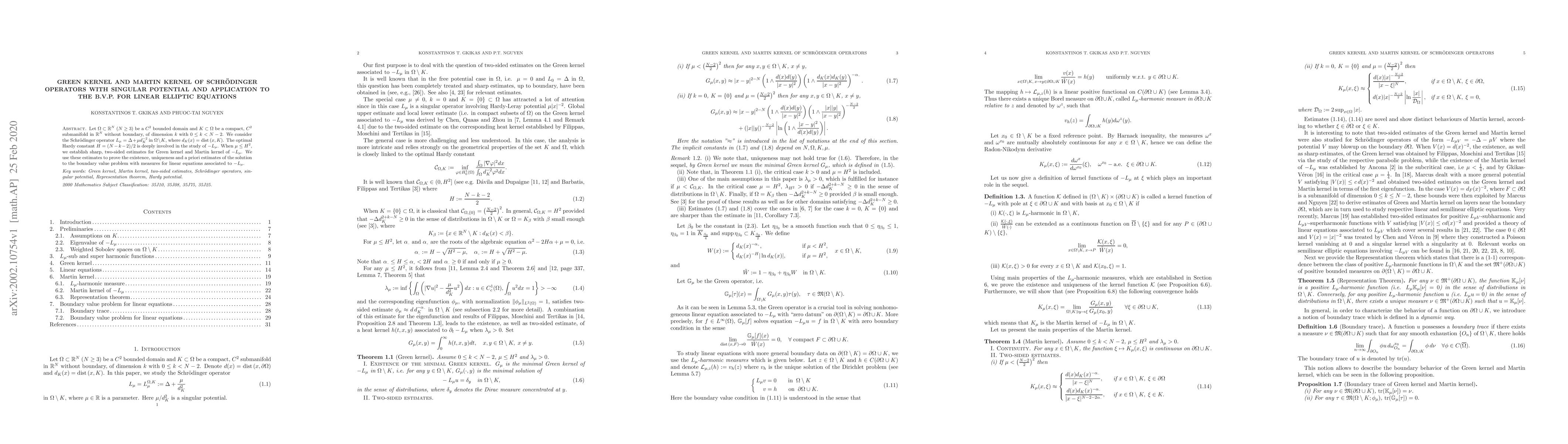 Thumbnail for Green kernel and Martin kernel of Schr\"odinger operators with singular
  potential and application to the B.V.P. for linear elliptic equations