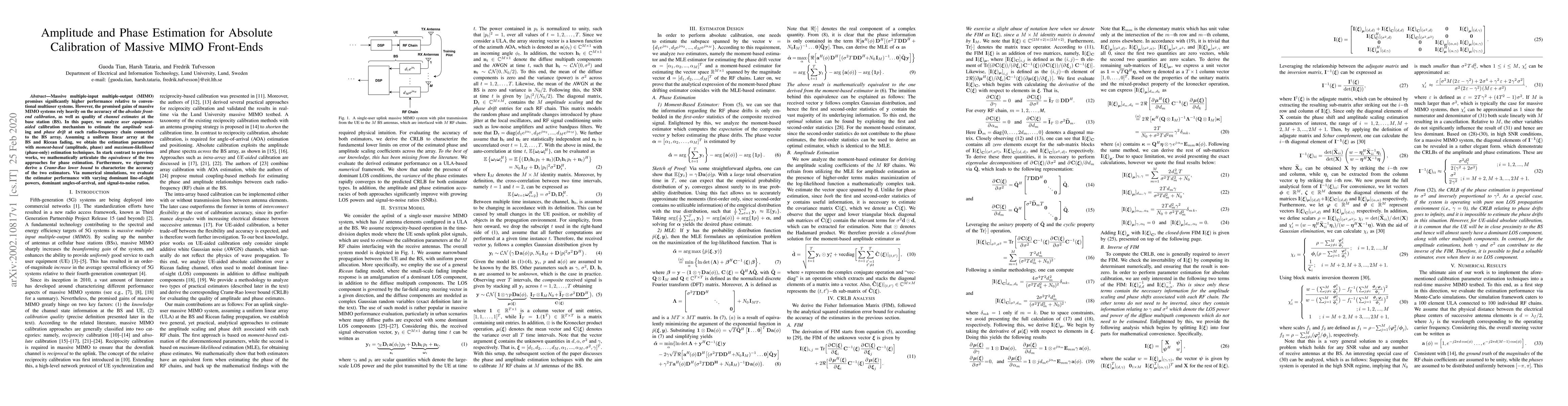 Thumbnail for Amplitude and Phase Estimation for Absolute Calibration of Massive MIMO
  Front-Ends