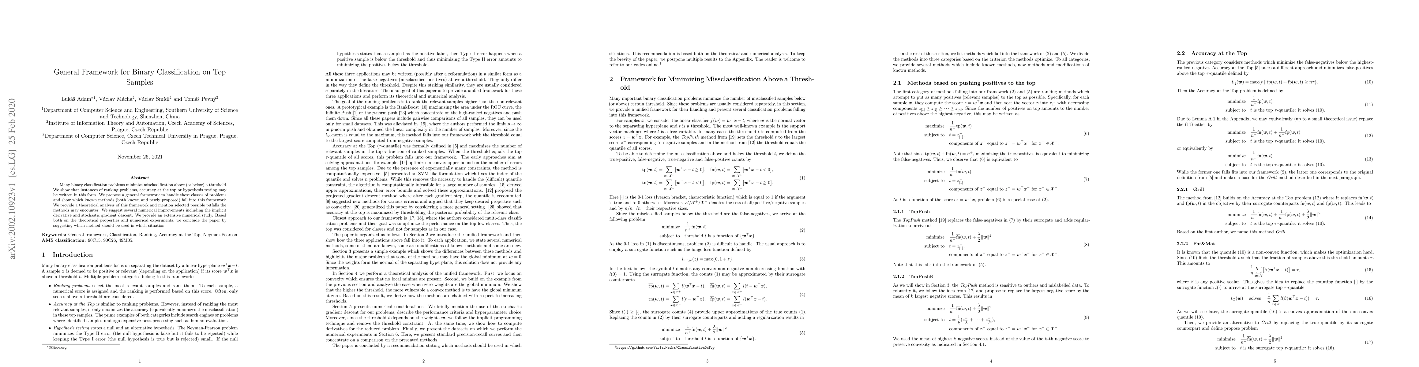 Thumbnail for General Framework for Binary Classification on Top Samples