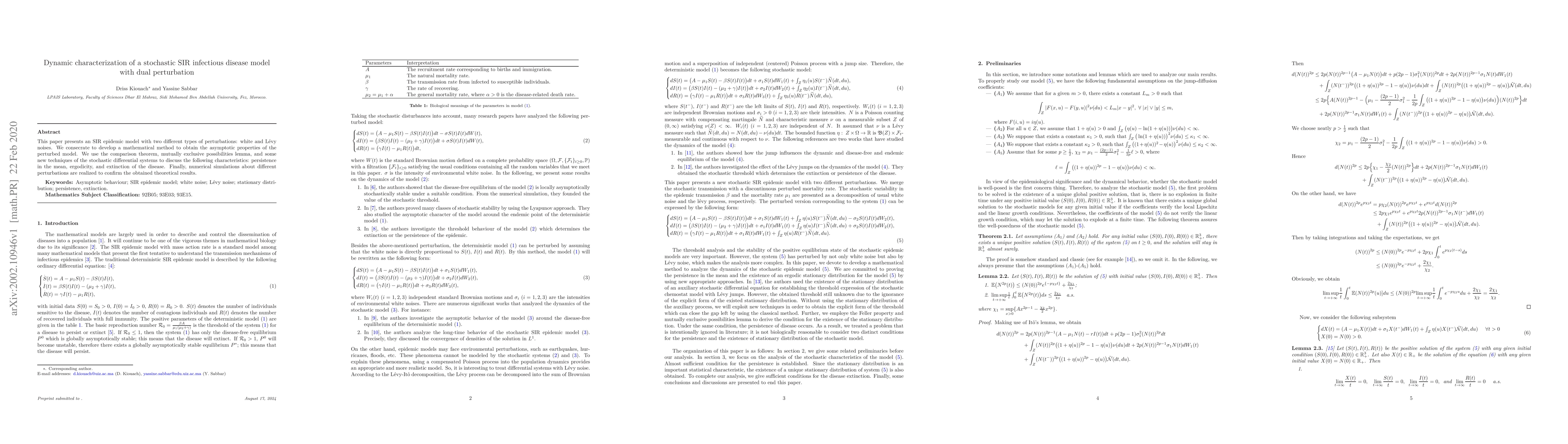 Thumbnail for Dynamic characterization of a stochastic SIR infectious disease model
  with dual perturbation