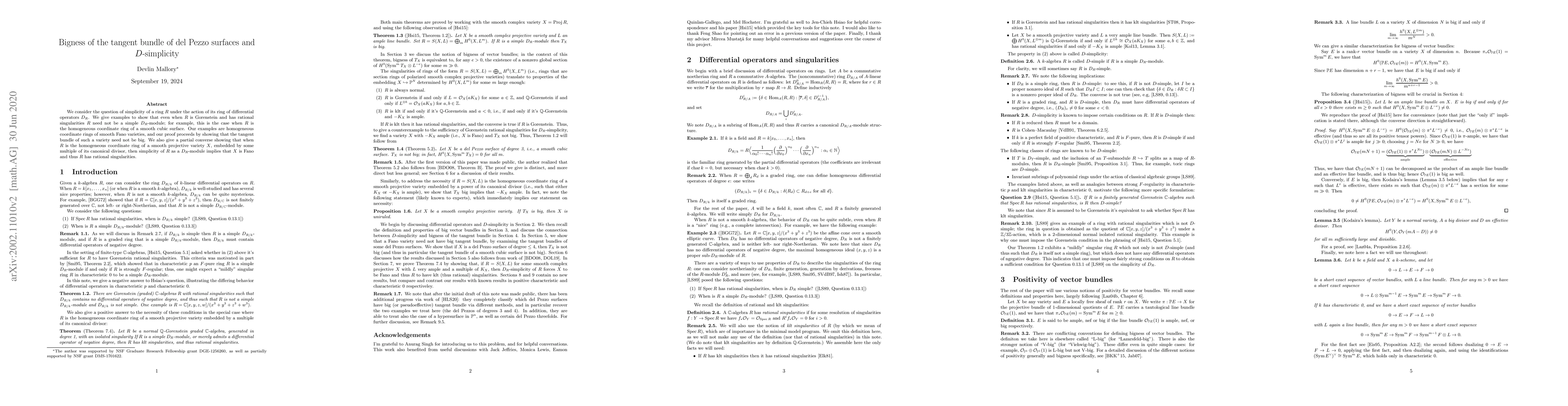 Thumbnail for Bigness of the tangent bundle of del Pezzo surfaces and $D$-simplicity