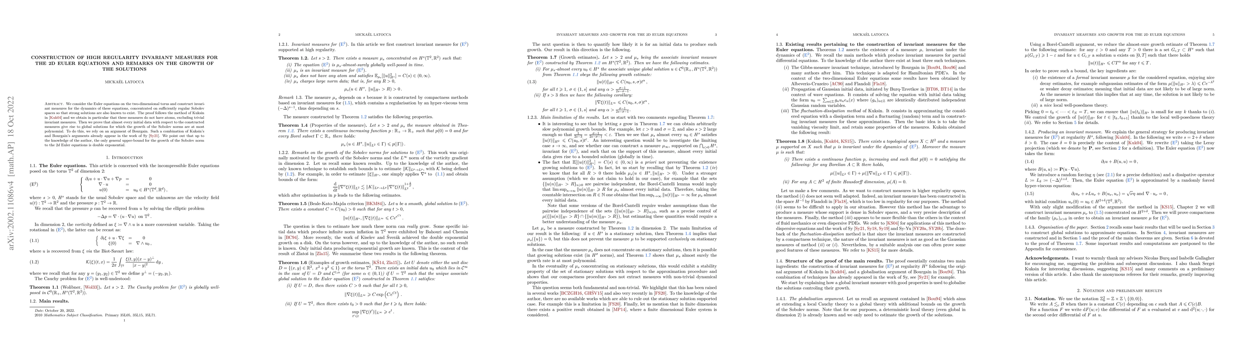 Thumbnail for Construction of High Regularity Invariant Measures for the 2D Euler
  Equations and Remarks on the Growth of the Solutions