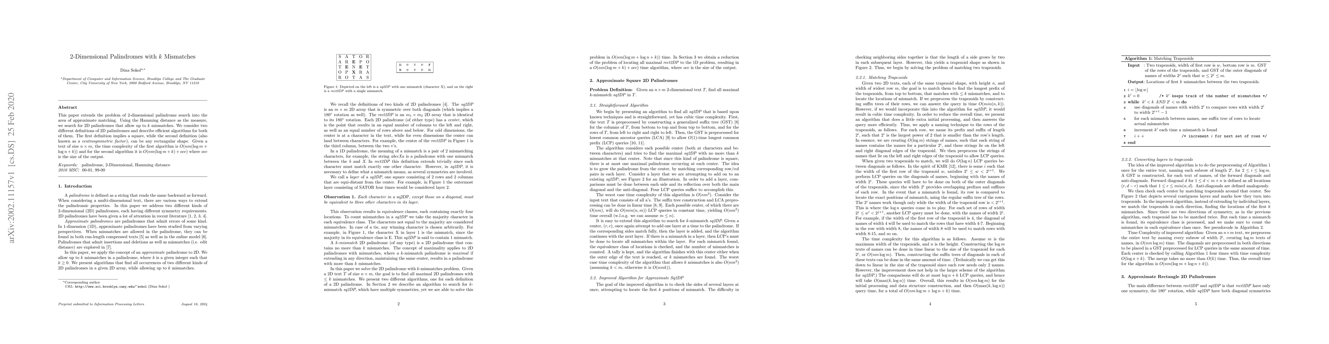 Thumbnail for 2-Dimensional Palindromes with $k$ Mismatches