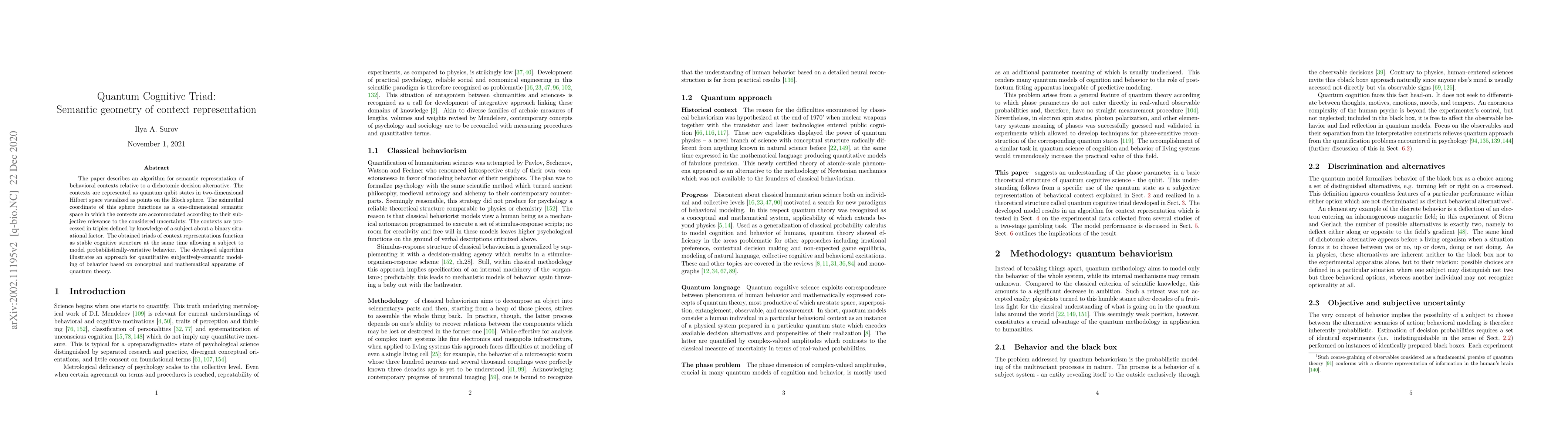 Thumbnail for Quantum Cognitive Triad. Semantic geometry of context representation