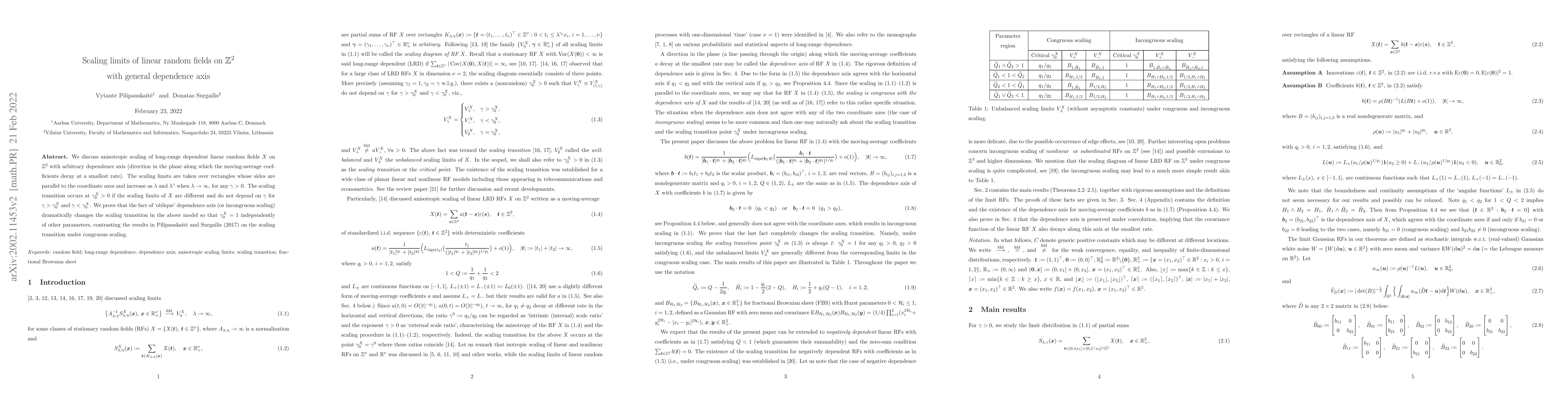 Thumbnail for Scaling limits of linear random fields on ${\mathbb{Z}}^2$ with general
  dependence axis