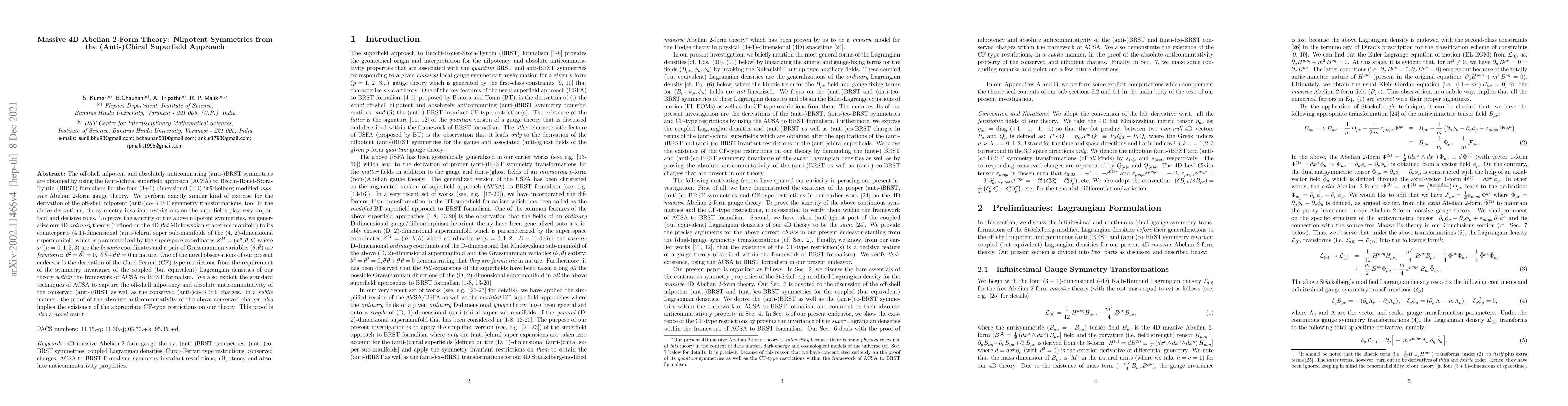 Thumbnail for Massive 4D Abelian 2-Form Theory: Nilpotent Symmetries from the
  (Anti-)Chiral Superfield Approach