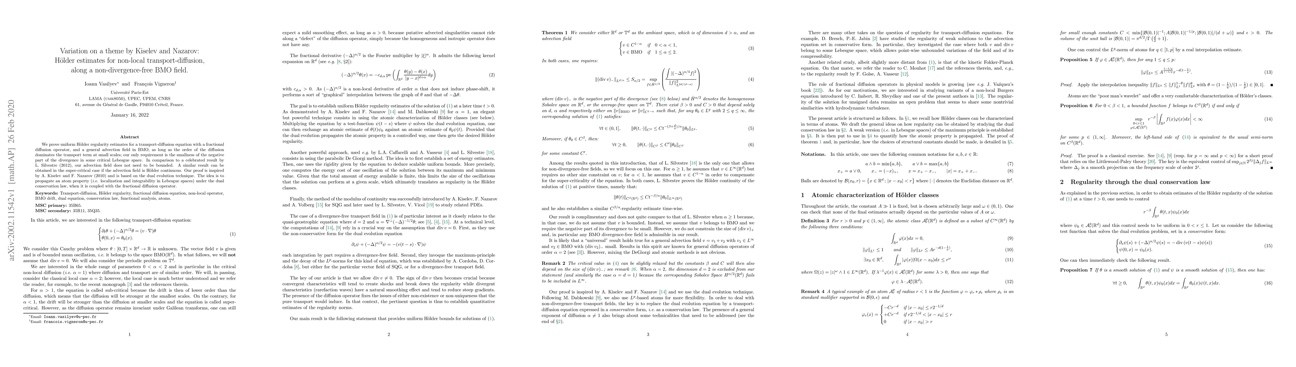 Thumbnail for Variation on a theme by Kiselev and Nazarov: H{\"o}lder estimates for
  non-local transport-diffusion, along a non-divergence-free BMO field