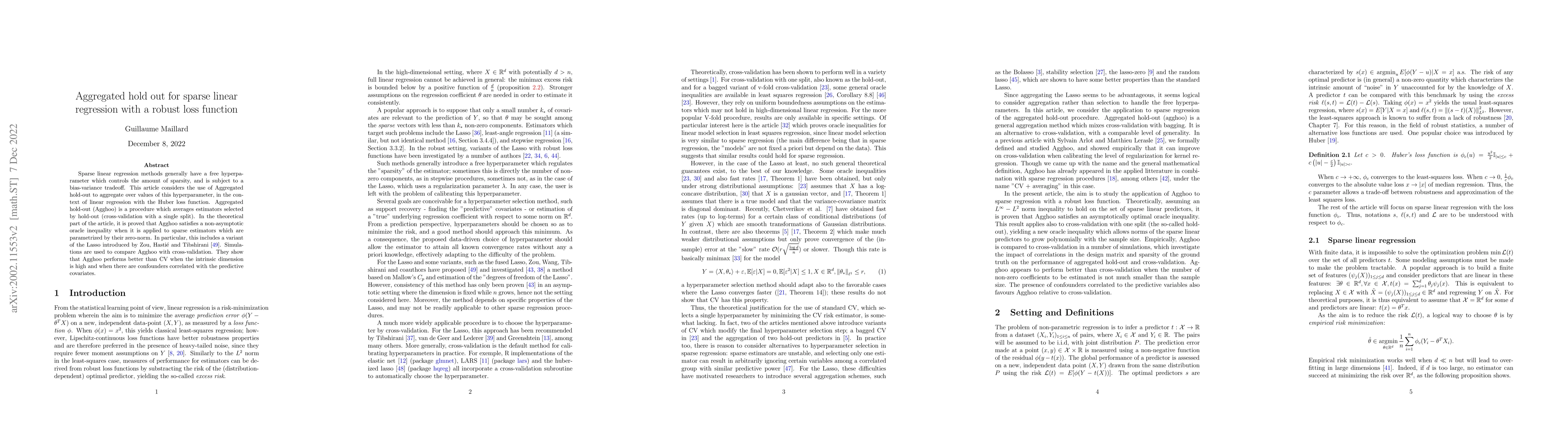 Thumbnail for Aggregated hold out for sparse linear regression with a robust loss
  function