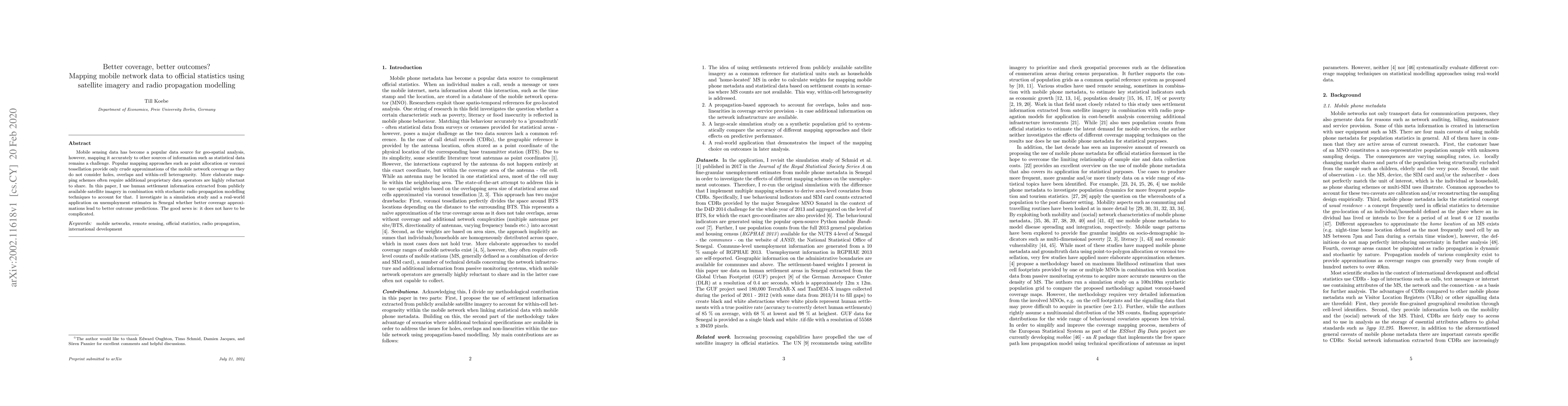 Thumbnail for Better coverage, better outcomes? Mapping mobile network data to
  official statistics using satellite imagery and radio propagation modelling