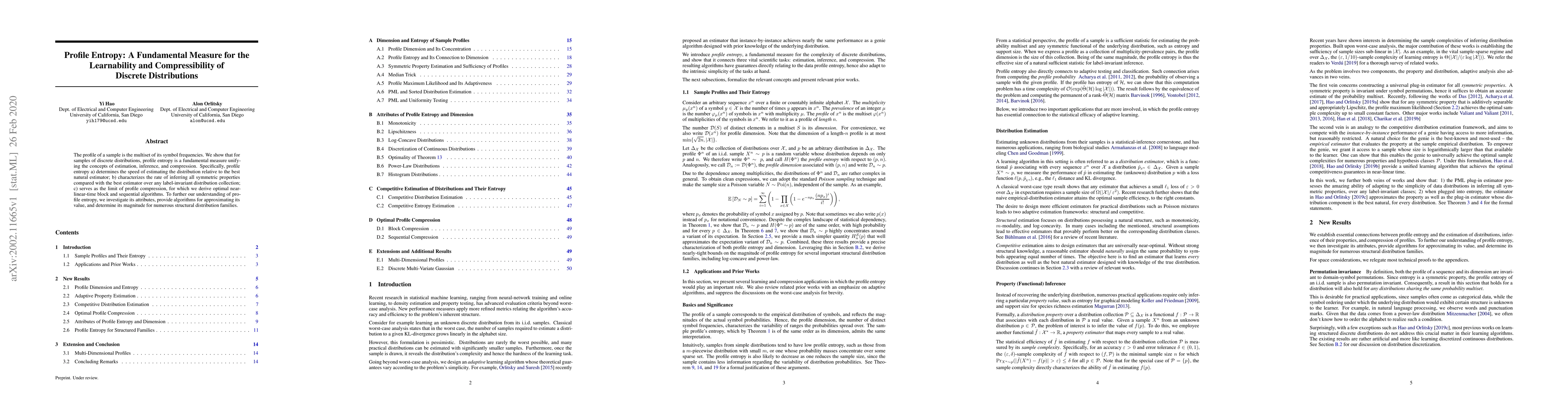 Thumbnail for Profile Entropy: A Fundamental Measure for the Learnability and
  Compressibility of Discrete Distributions