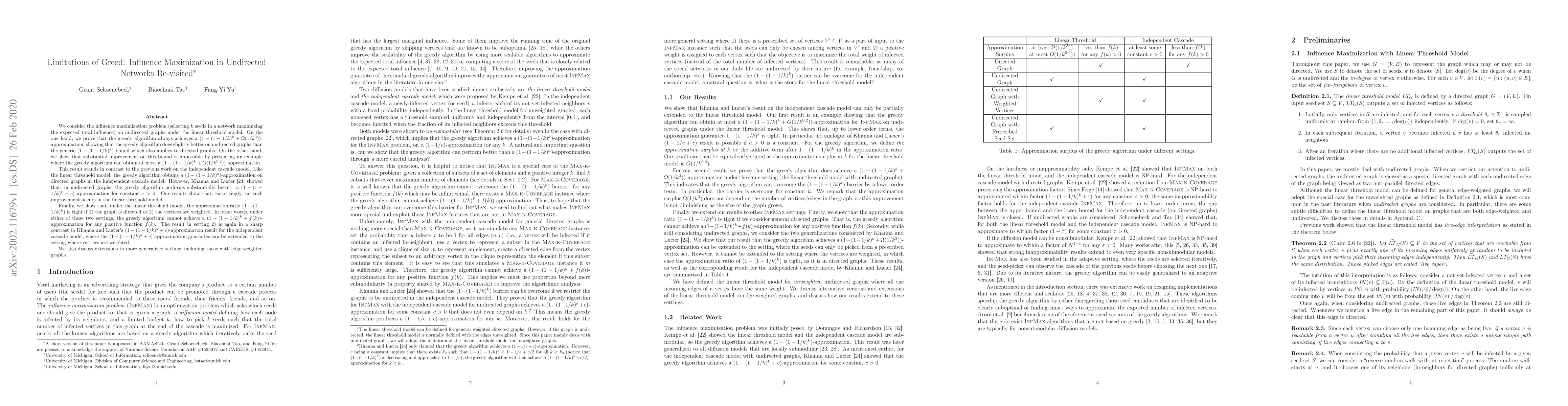 Thumbnail for Limitations of Greed: Influence Maximization in Undirected Networks
  Re-visited