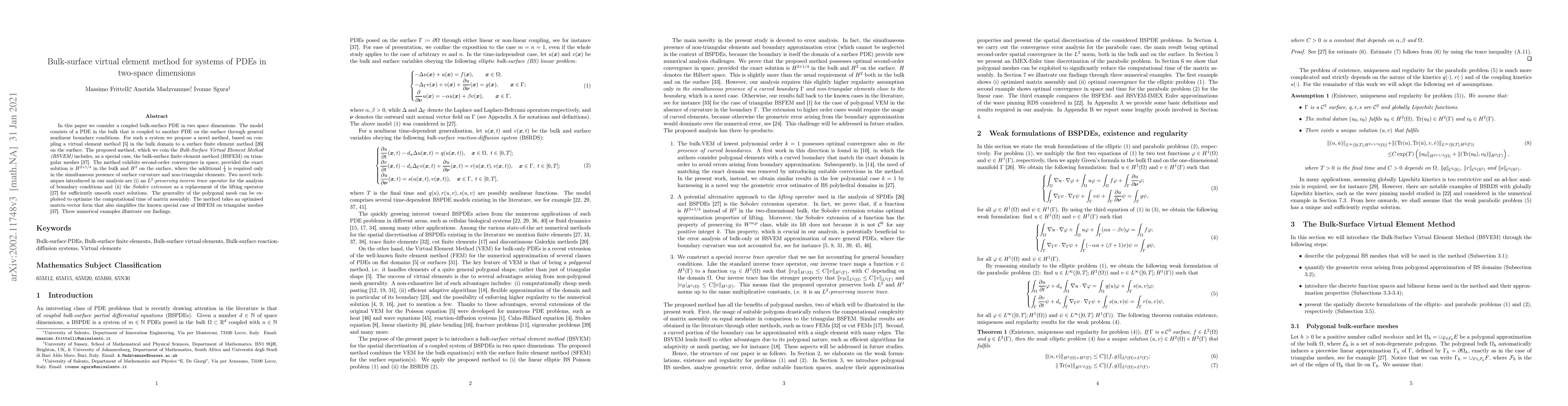 Thumbnail for Bulk-surface virtual element method for systems of PDEs in two-space
  dimension
