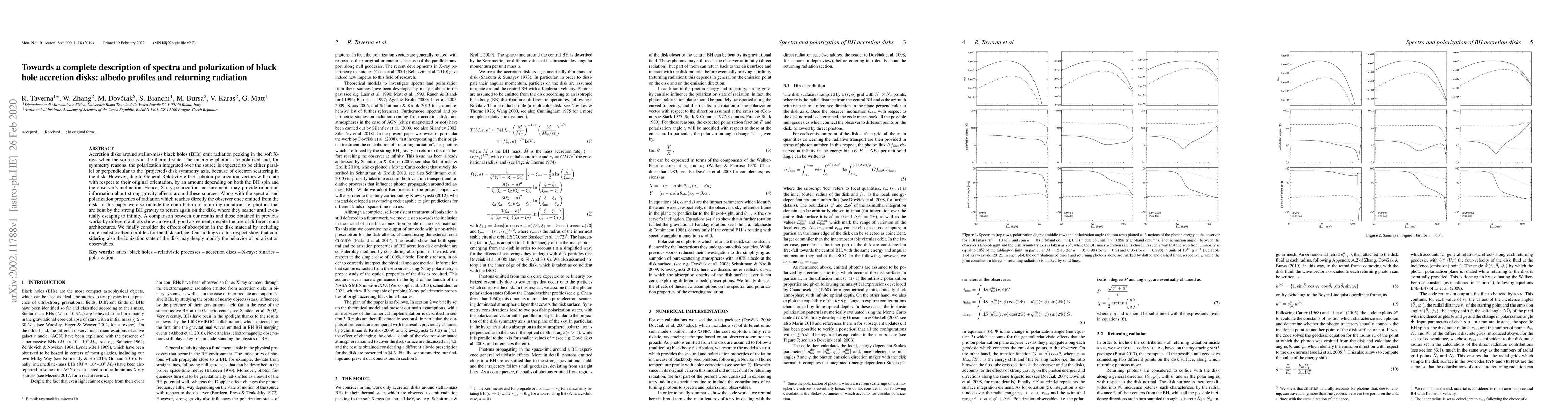 Thumbnail for Towards a complete description of spectra and polarization of black hole
  accretion disks: albedo profiles and returning radiation