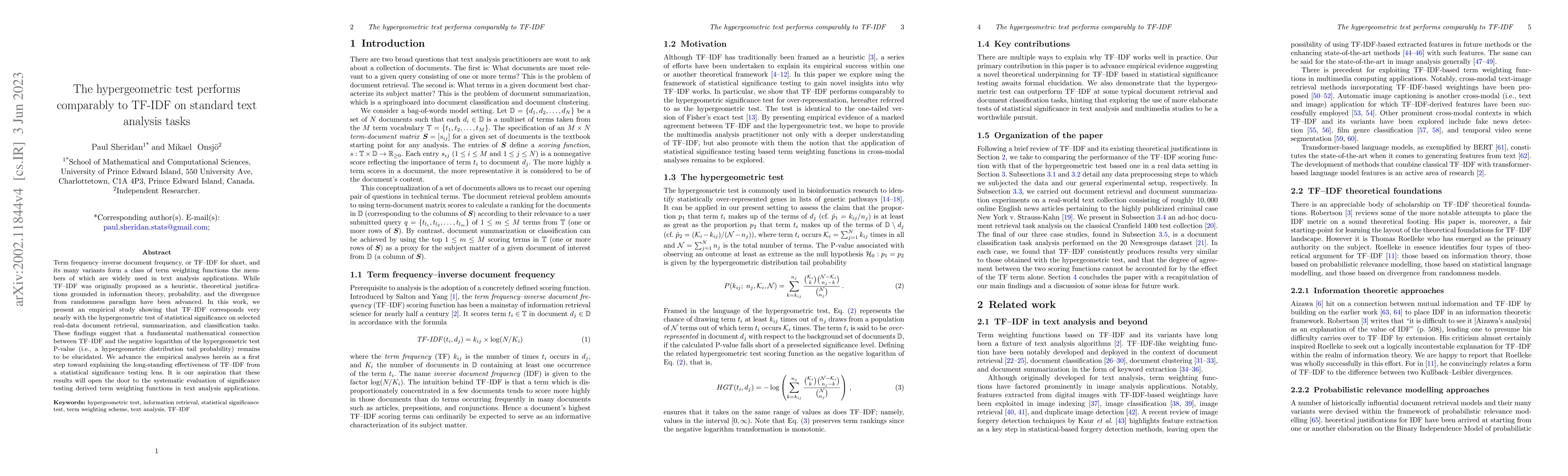 Thumbnail for The hypergeometric test performs comparably to TF-IDF on standard text
  analysis tasks