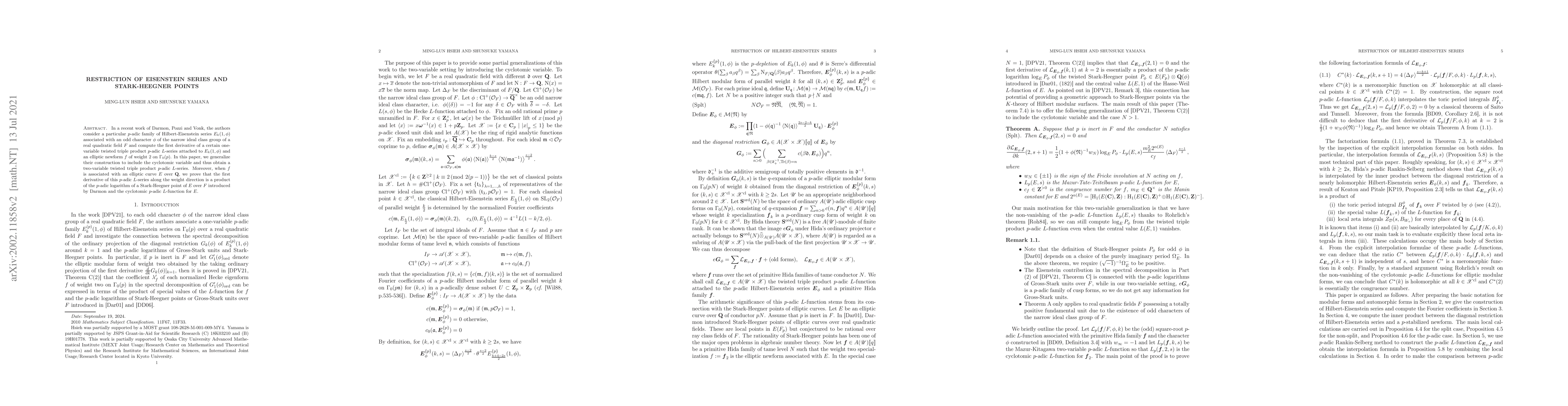 Thumbnail for Restriction of Eisenstein series and Stark-Heegner points