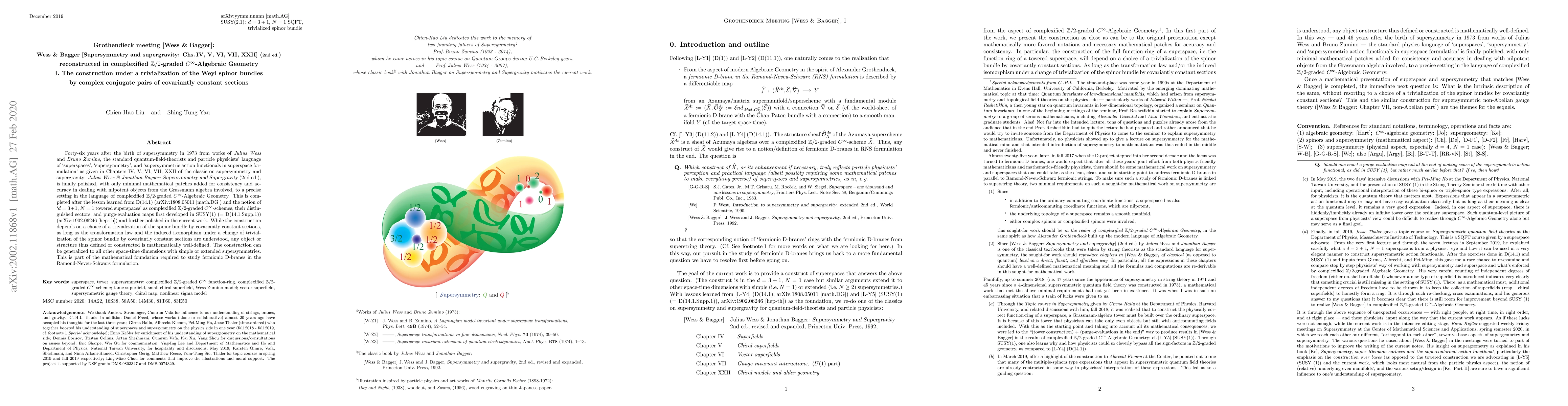 Thumbnail for Grothendieck meeting [Wess & Bagger]: [Supersymmetry and supergravity:
  IV, V, VI, VII, XXII] (2nd ed.) reconstructed in complexified ${\Bbb
  Z}/2$-graded $C^\infty$-Algebraic Geometry, I. Construction under
  trivialization of spinor bundle