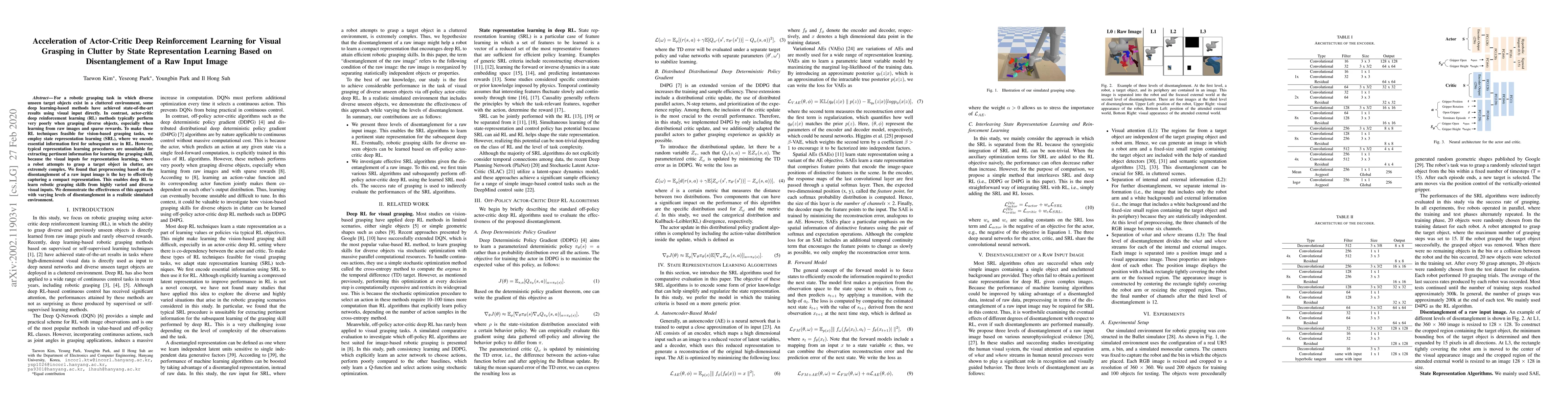 Thumbnail for Acceleration of Actor-Critic Deep Reinforcement Learning for Visual
  Grasping in Clutter by State Representation Learning Based on Disentanglement
  of a Raw Input Image