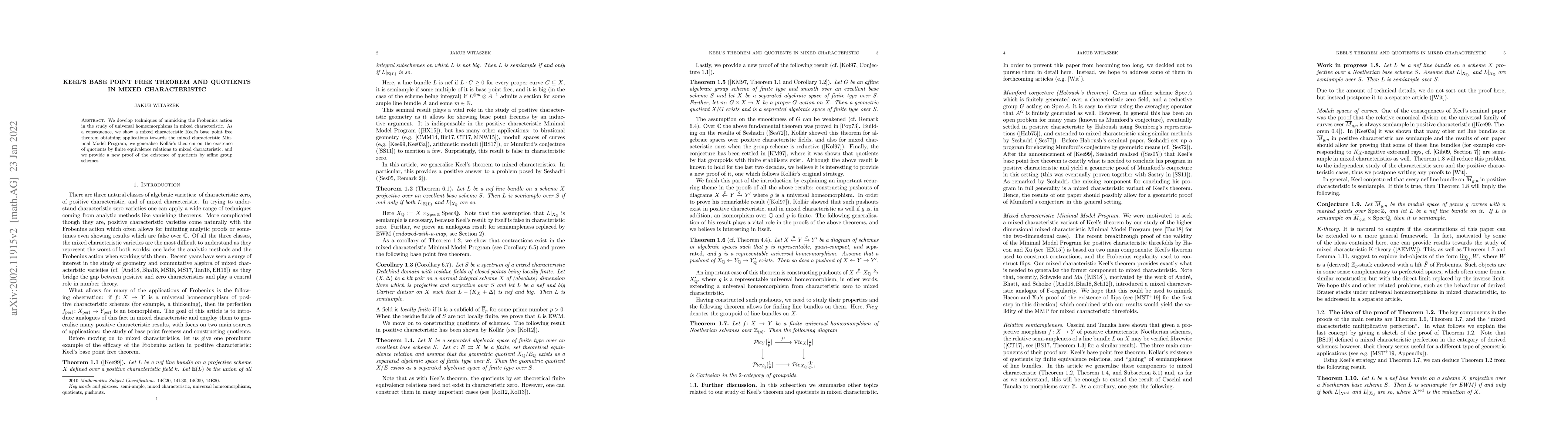 Thumbnail for Keel's base point free theorem and quotients in mixed characteristic