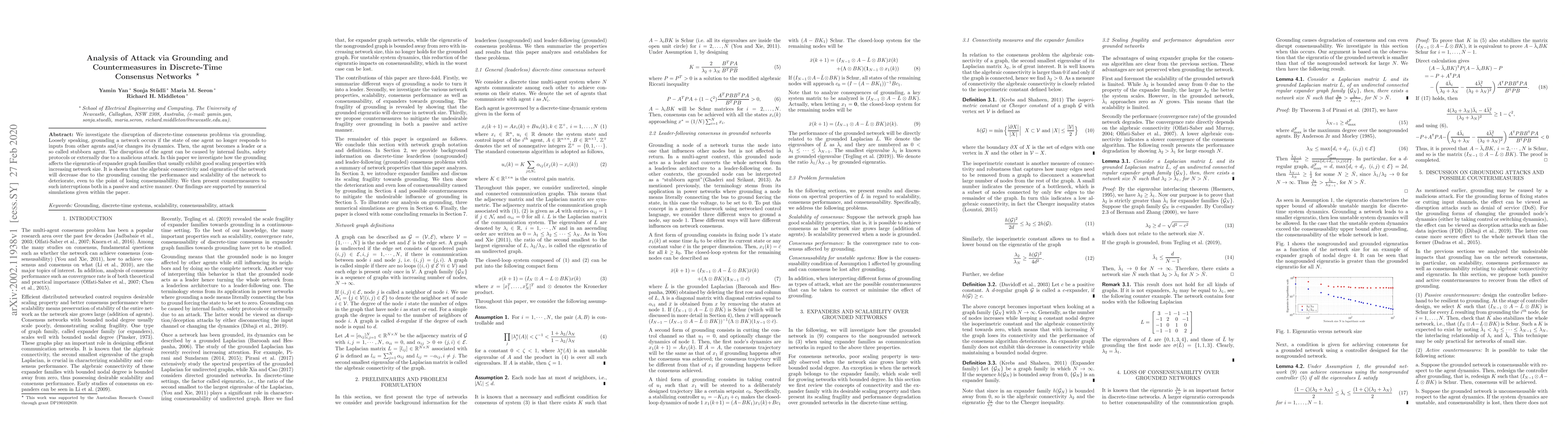 Thumbnail for Analysis of Attack via Grounding and Countermeasures in Discrete-Time
  Consensus Networks