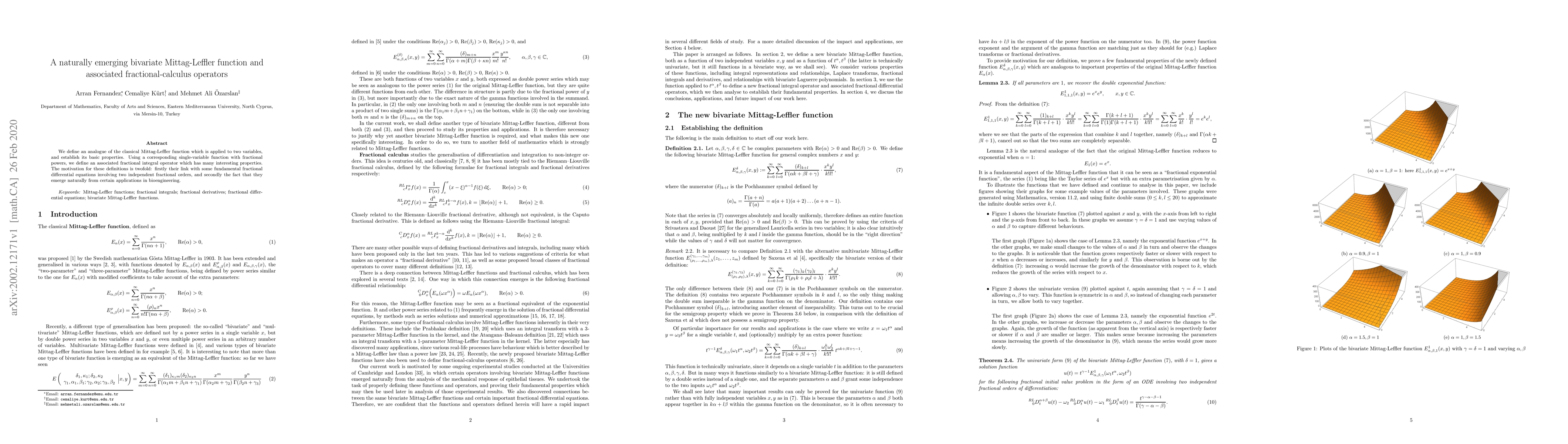 Thumbnail for A naturally emerging bivariate Mittag-Leffler function and associated
  fractional-calculus operators