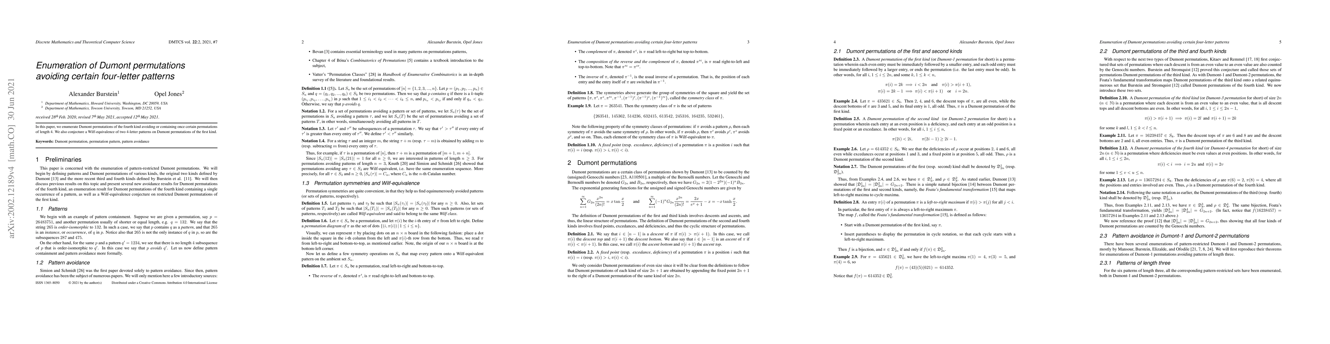 Thumbnail for Enumeration of Dumont permutations avoiding certain four-letter patterns