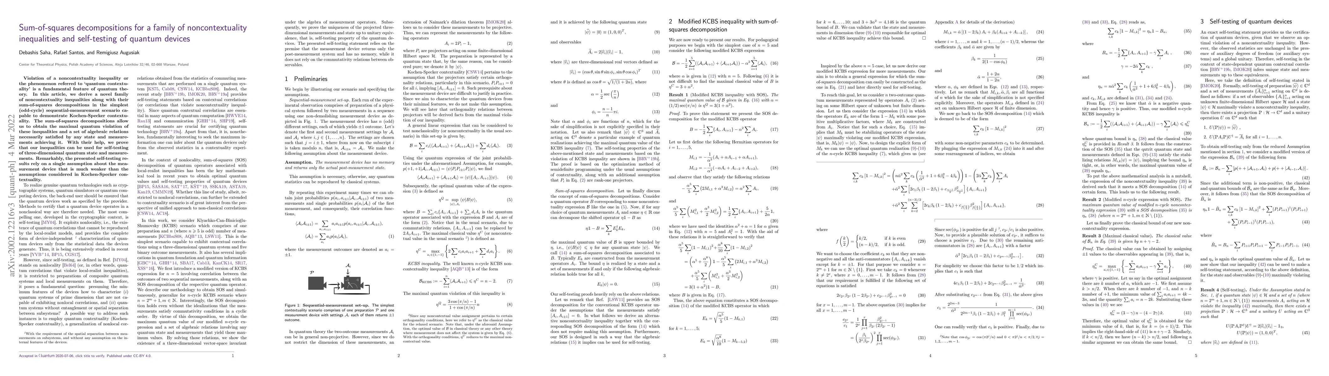 Thumbnail for Sum-of-squares decompositions for a family of noncontextuality
  inequalities and self-testing of quantum devices