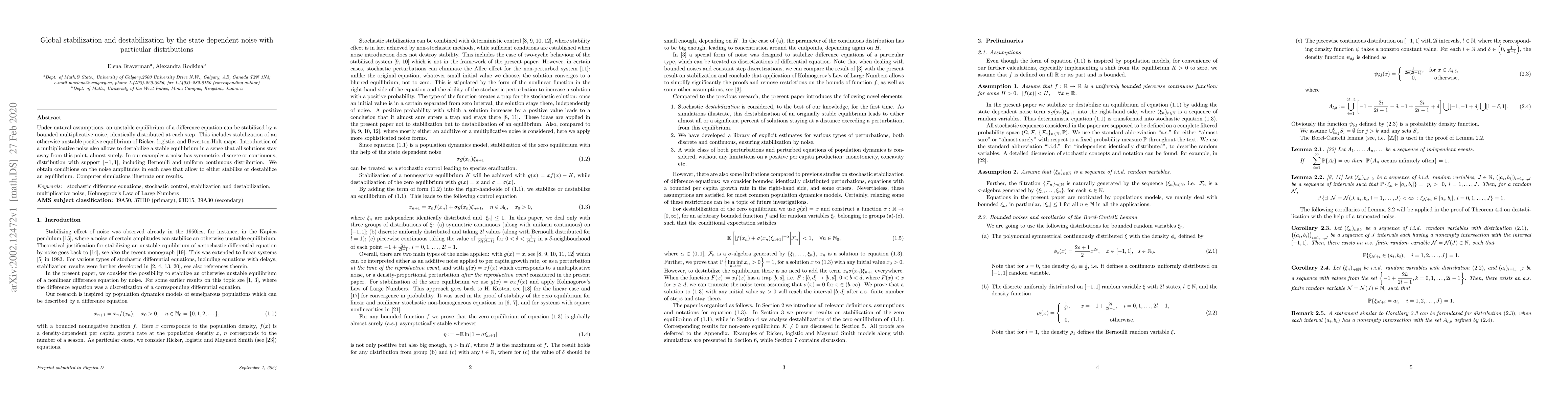 Thumbnail for Global stabilization and destabilization by the state dependent noise
  with particular distributions