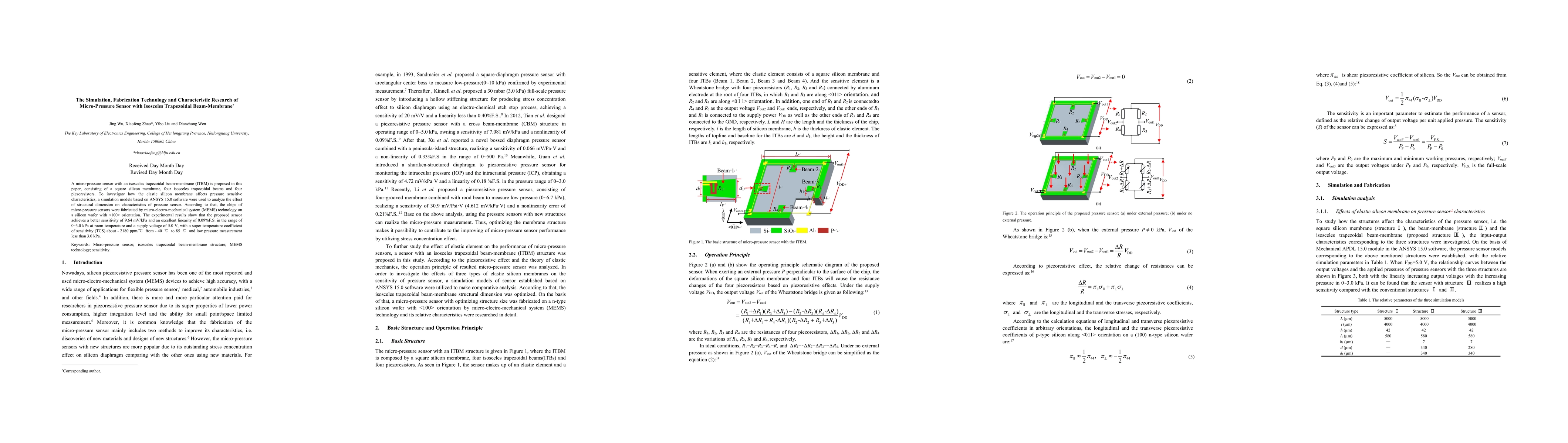 Thumbnail for The Simulation, Fabrication Technology and Characteristic Research of
  Micro-Pressure Sensor with Isosceles Trapezoidal Beam-Membrane