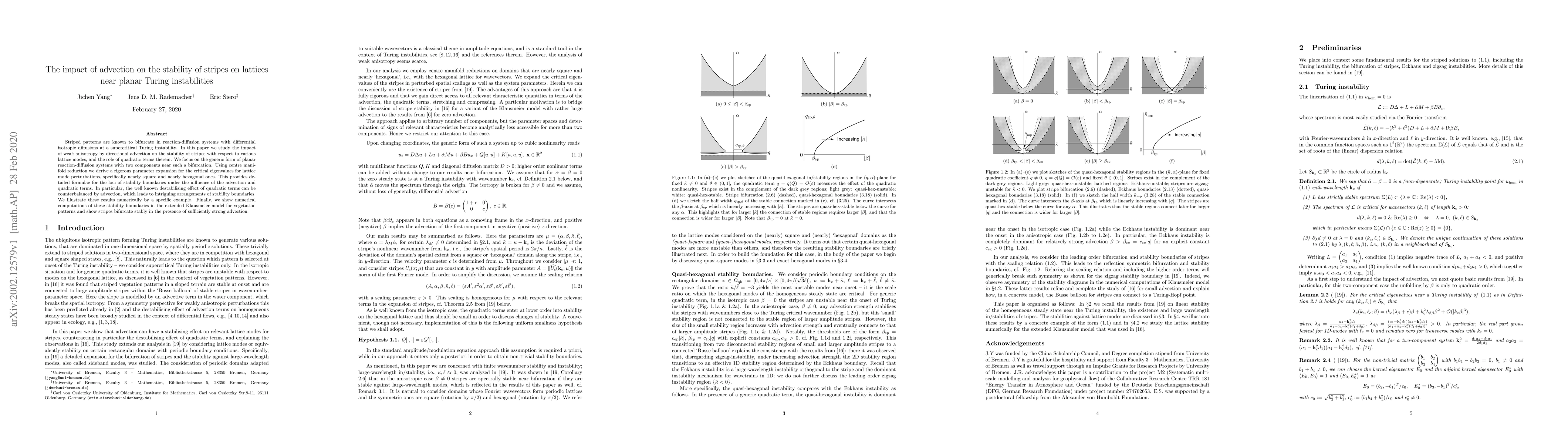 Thumbnail for The impact of advection on the stability of stripes on lattices near
  planar Turing instabilities