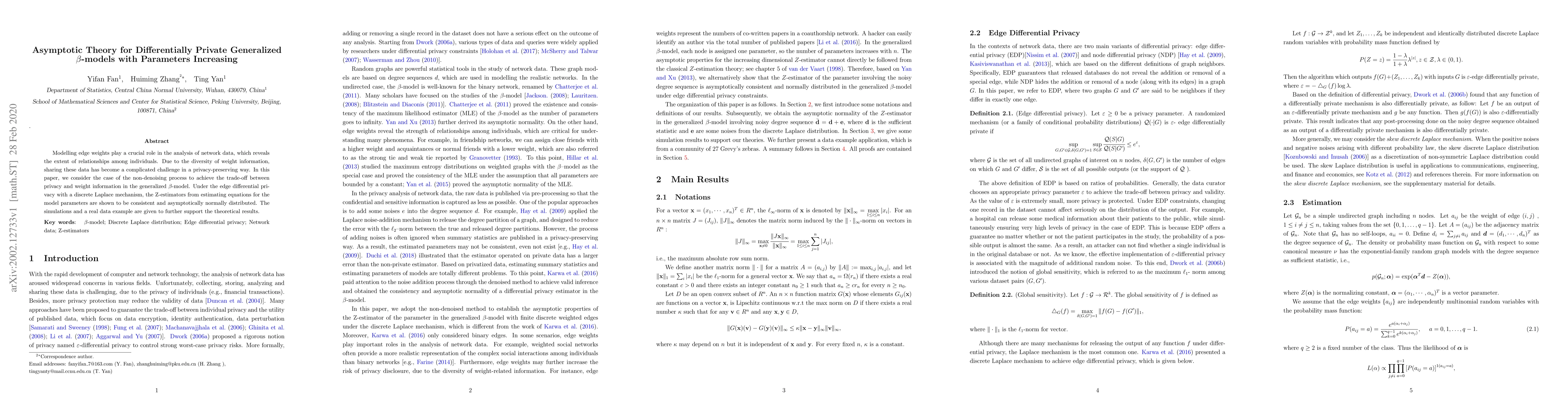 Thumbnail for Asymptotic Theory for Differentially Private Generalized $\beta$-models
  with Parameters Increasing