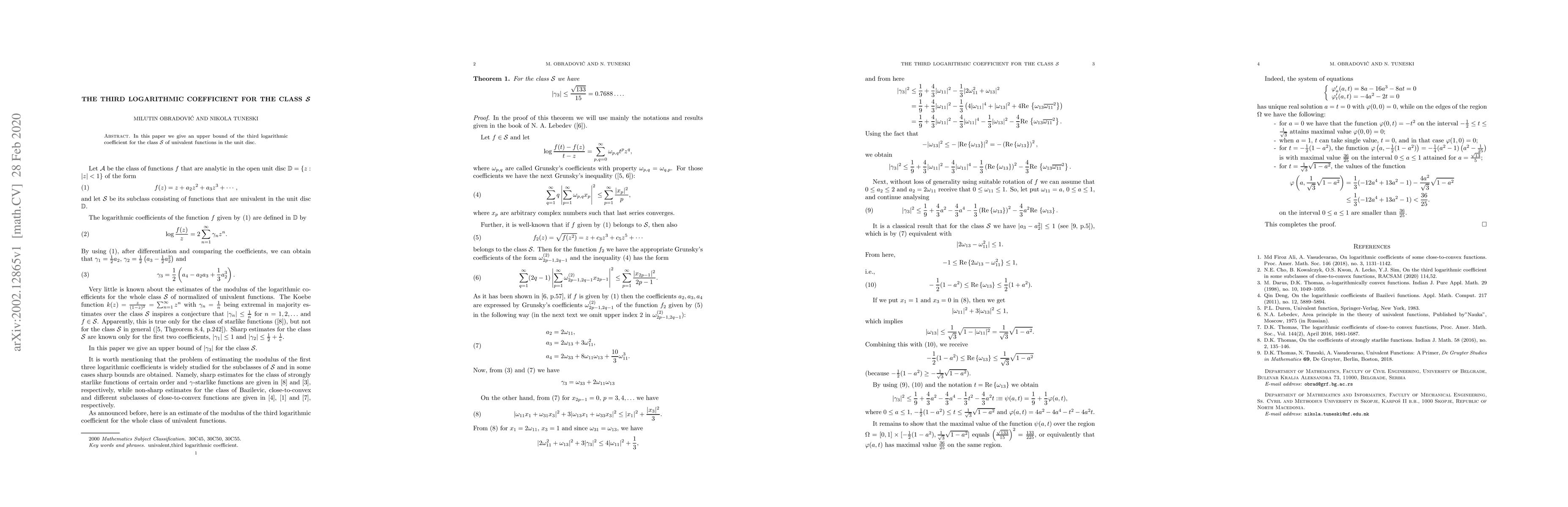 Thumbnail for The third logarithmic coefficient for the class S