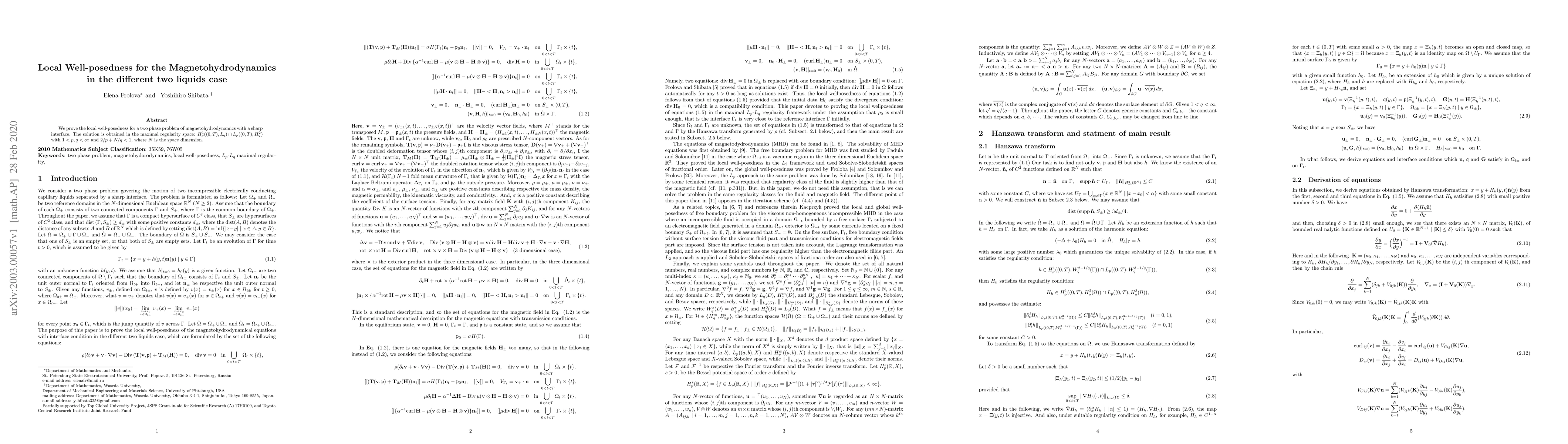 Thumbnail for Local Well-posedness for the Magnetohydrodynamics in the different two
  liquids case