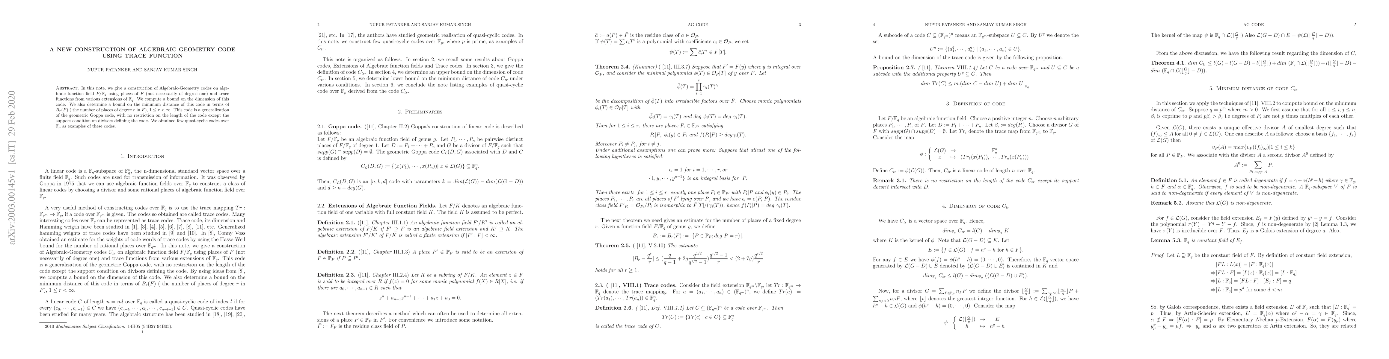 Thumbnail for Generalization of trace codes to places of higher degree
