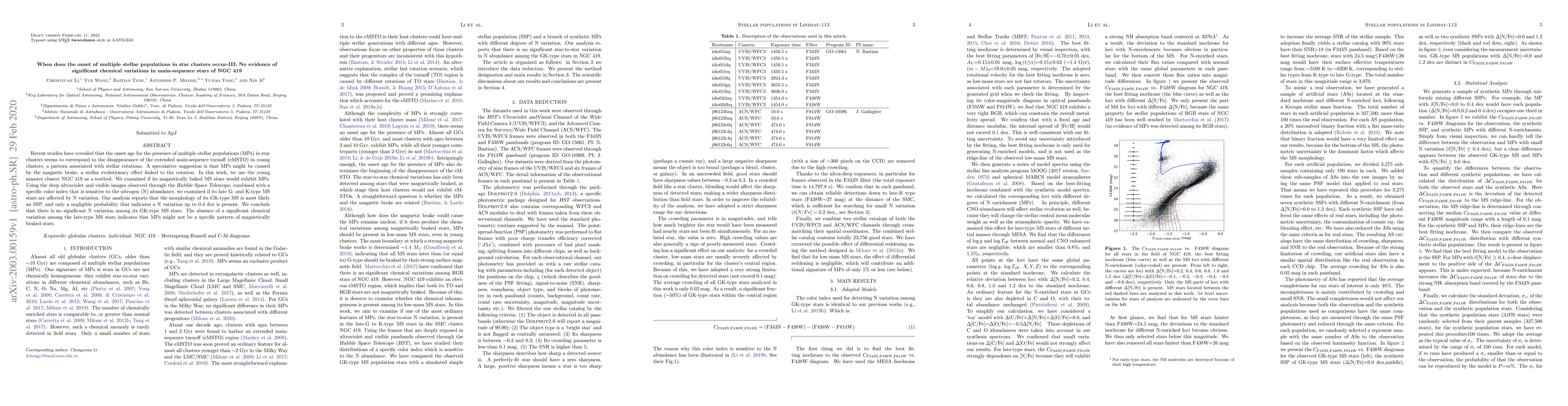 Thumbnail for When does the onset of multiple stellar populations in star clusters
  occur-III: No evidence of significant chemical variations in main-sequence
  stars of NGC 419