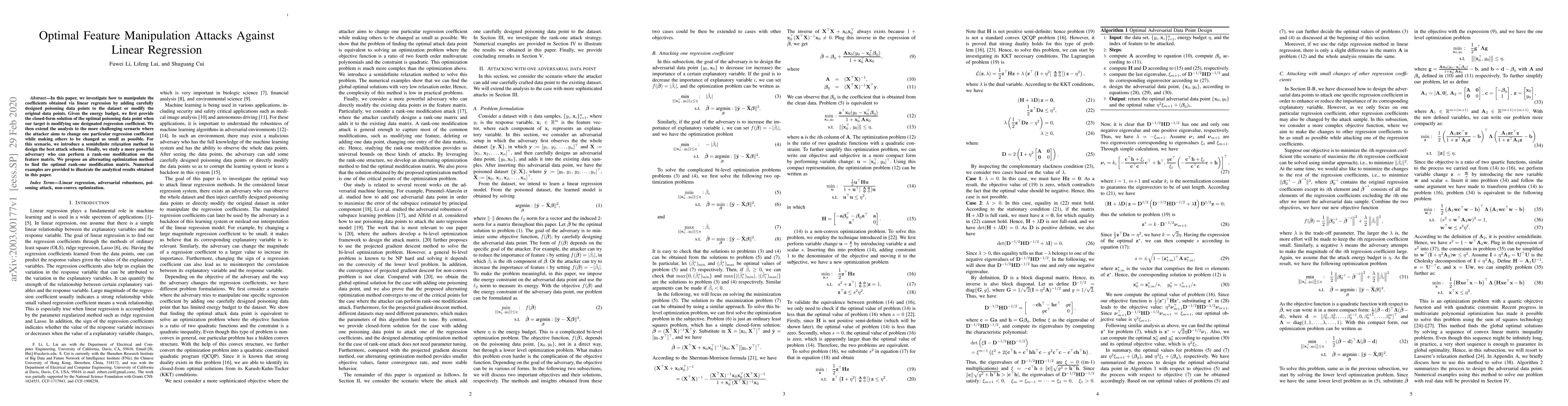 Thumbnail for Optimal Feature Manipulation Attacks Against Linear Regression