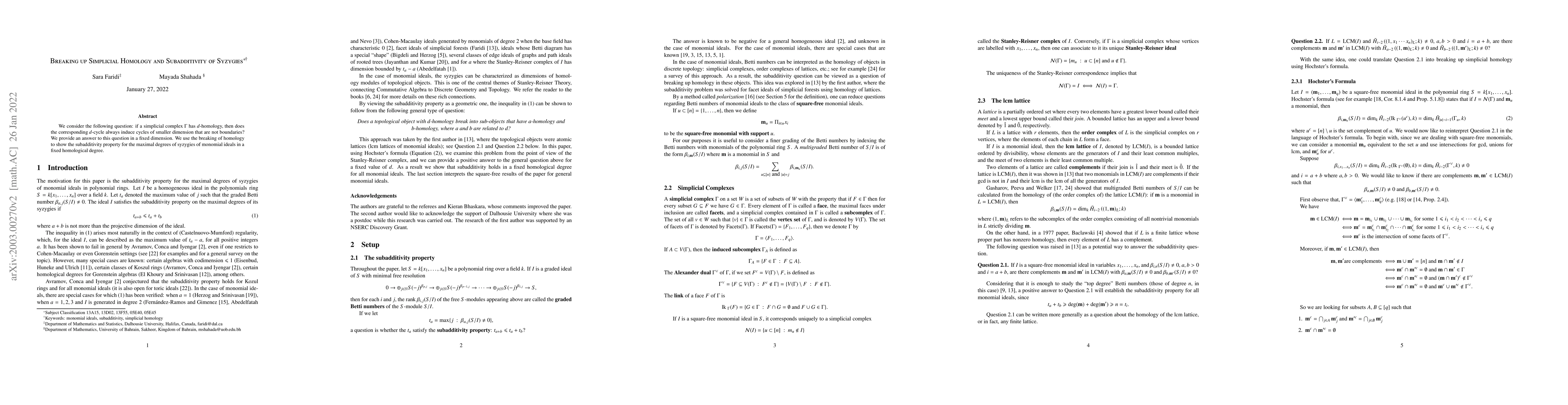 Thumbnail for Breaking up Simplicial Homology and Subadditivity of Syzygies