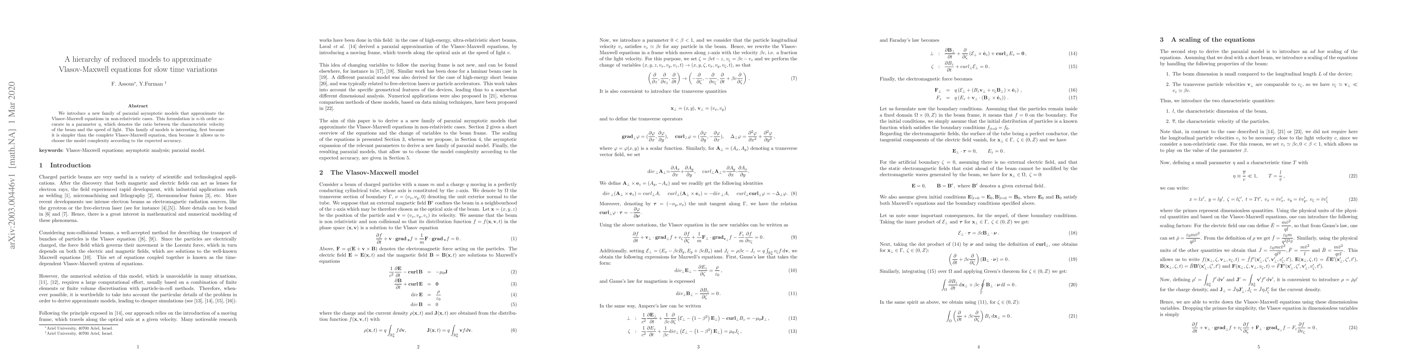 Thumbnail for A hierarchy of reduced models to approximate Vlasov-Maxwell equations
  for slow time variations