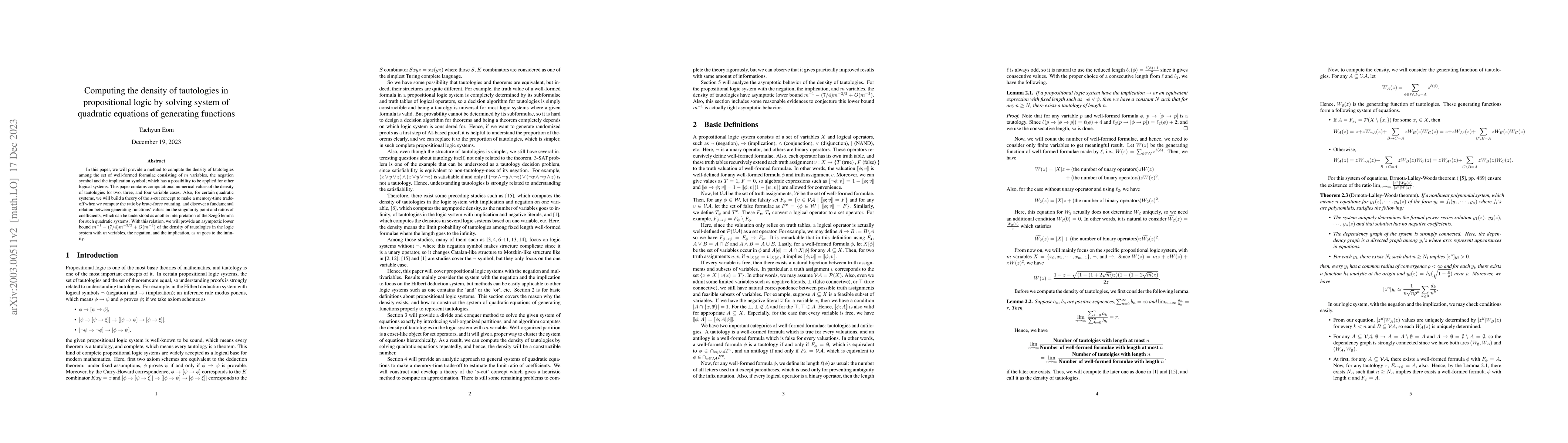 Thumbnail for Computing the density of tautologies in propositional logic by solving
  system of quadratic equations of generating functions