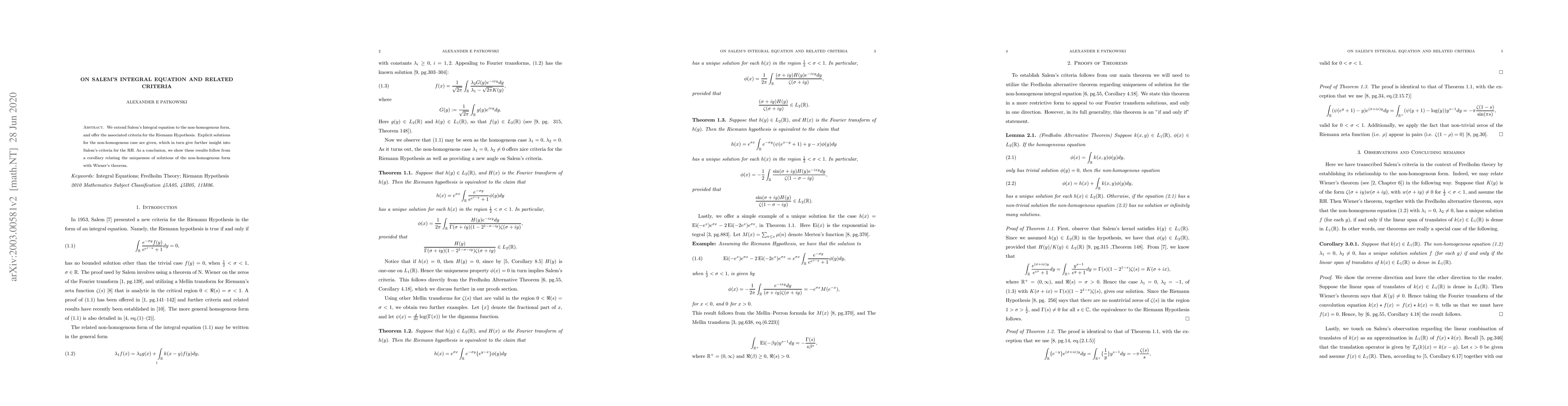 Thumbnail for On Salem's Integral Equation and related criteria