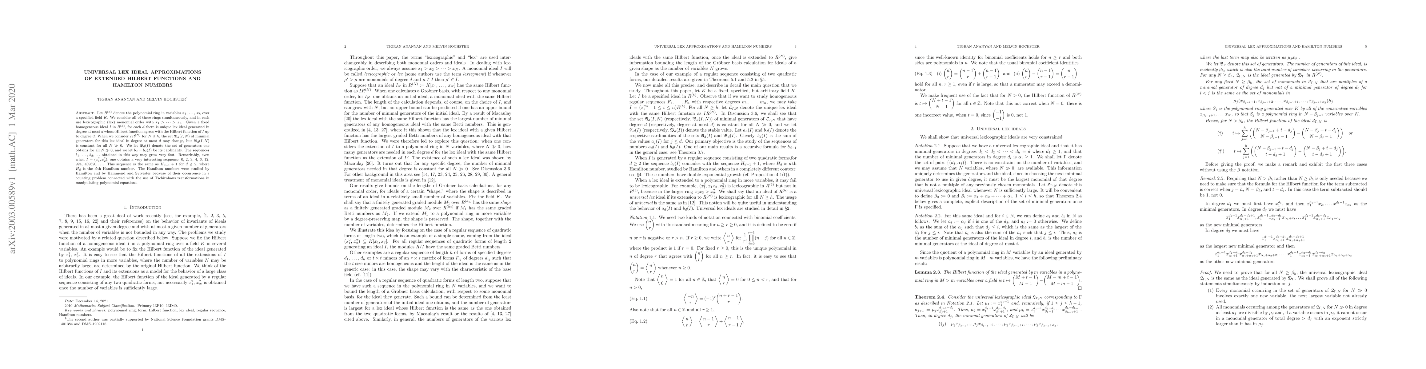 Thumbnail for Universal Lex Ideal Approximations of Extended Hilbert Functions and
  Hamilton Numbers