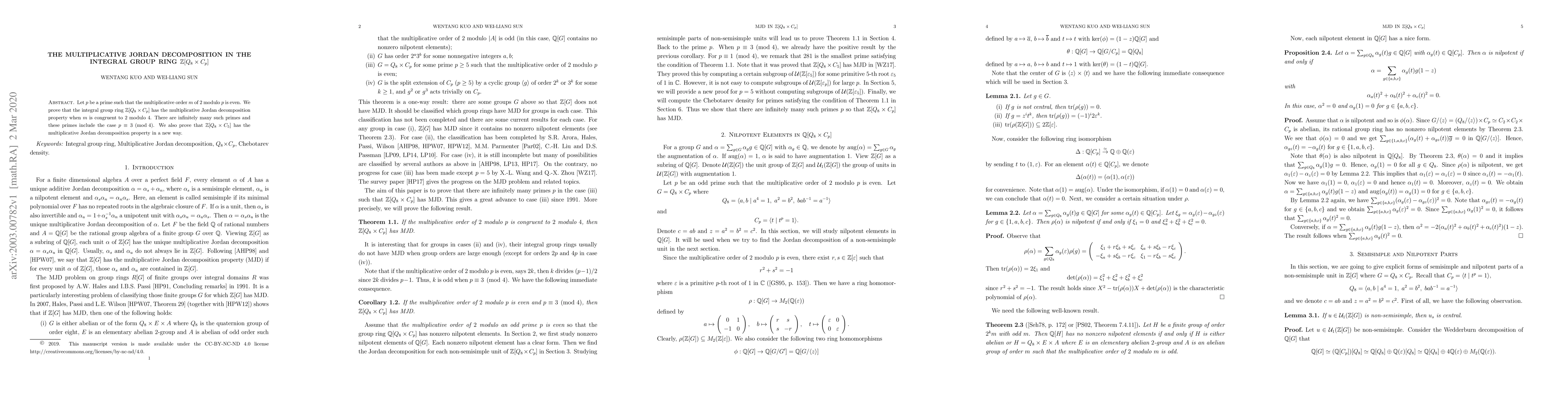 Thumbnail for The Multiplicative Jordan Decomposition in the Integral Group Ring
  $\mathbb{Z}[Q_8 \times C_p]$