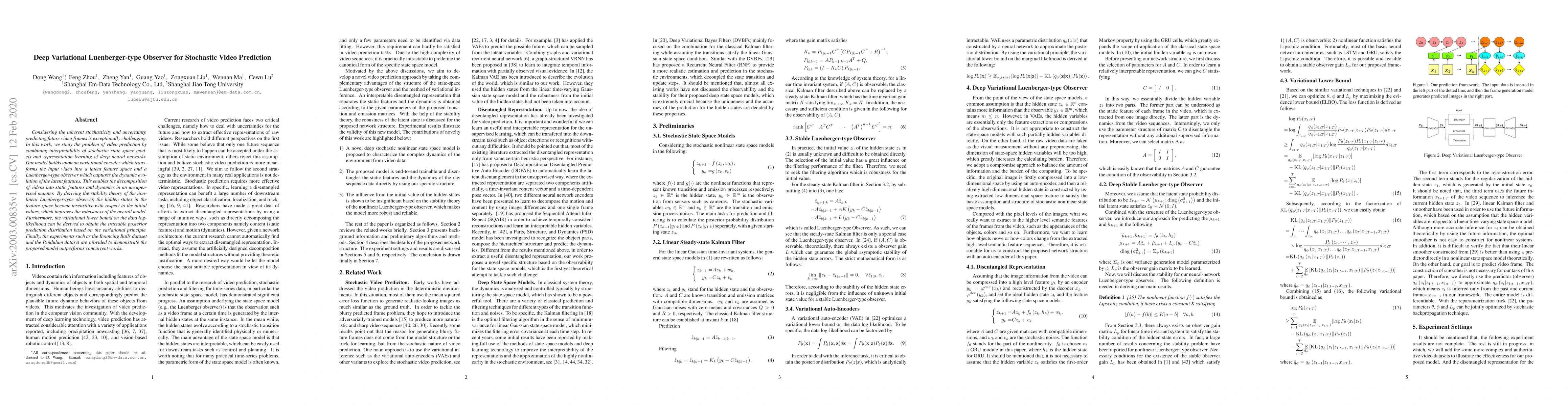 Thumbnail for Deep Variational Luenberger-type Observer for Stochastic Video
  Prediction
