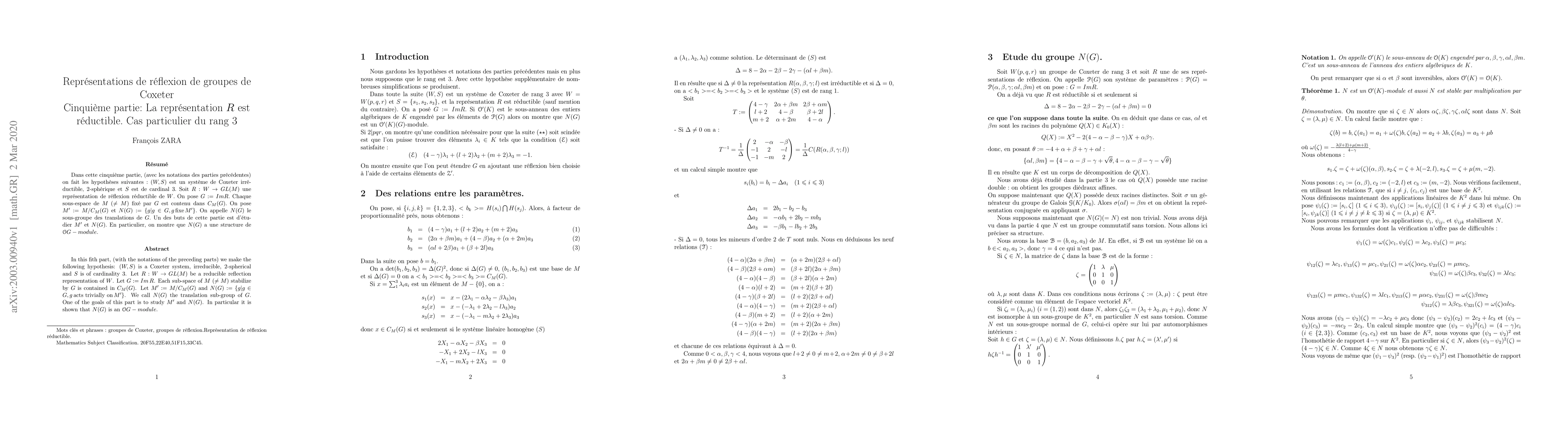Thumbnail for Repr\'esentations de r\'eflexion de groupes de Coxeter Cinqui\`eme
  partie: La repr\'esentation $R$ est r\'eductible. Cas particulier du rang $3$