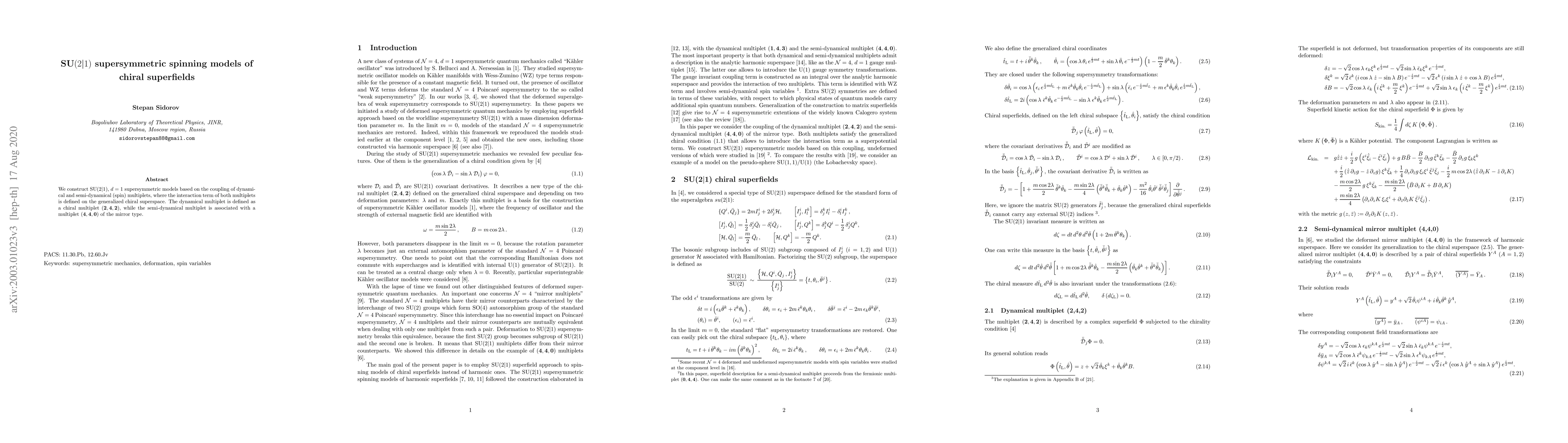 Thumbnail for SU$(2|1)$ supersymmetric spinning models of chiral superfields