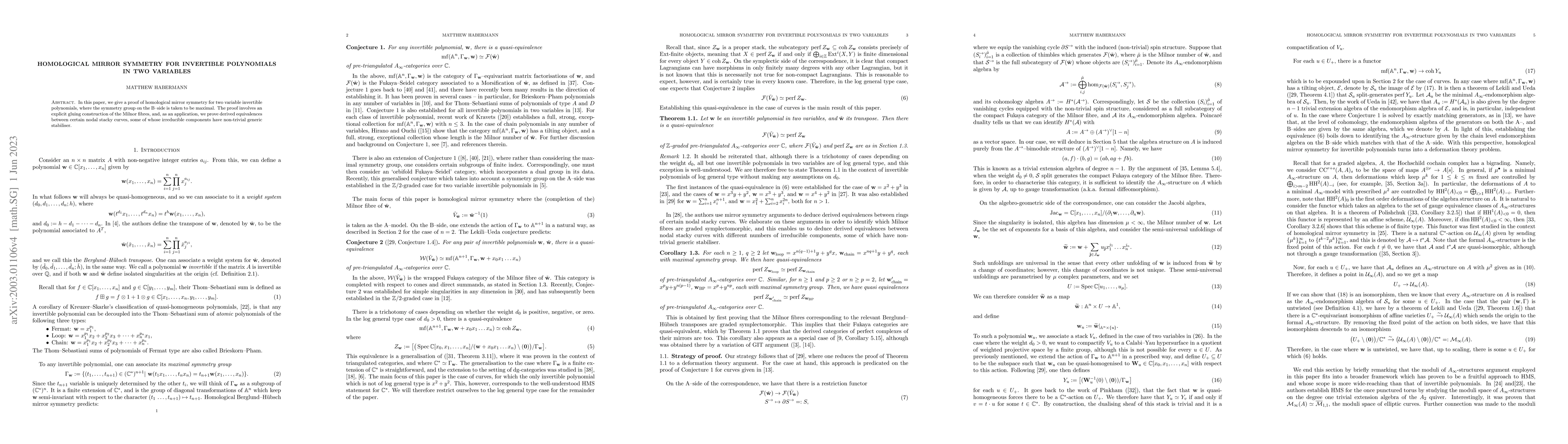 Thumbnail for Homological mirror symmetry for invertible polynomials in two variables