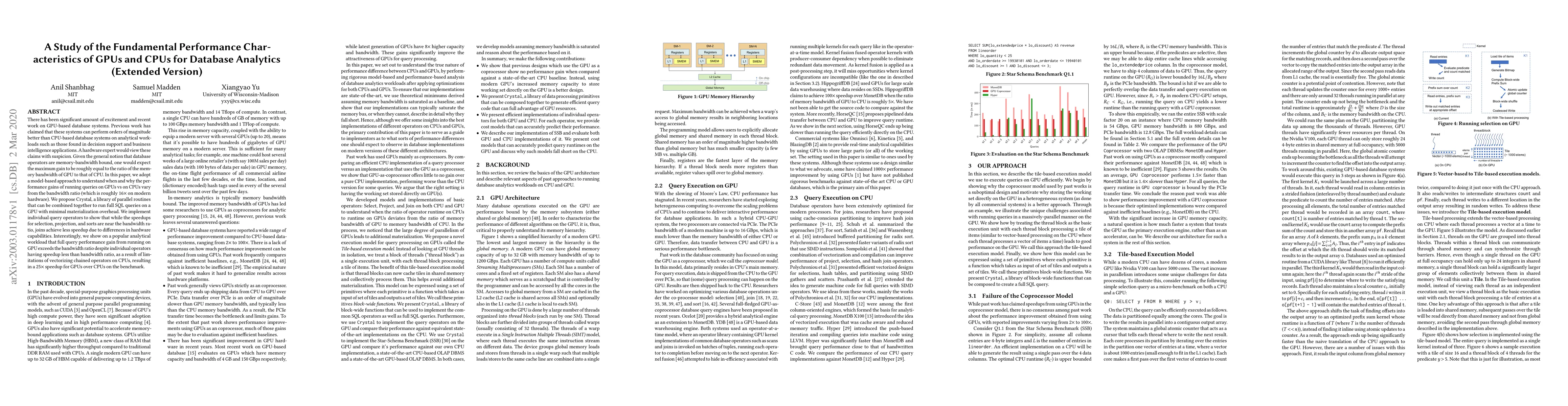 Thumbnail for A Study of the Fundamental Performance Characteristics of GPUs and CPUs
  for Database Analytics (Extended Version)