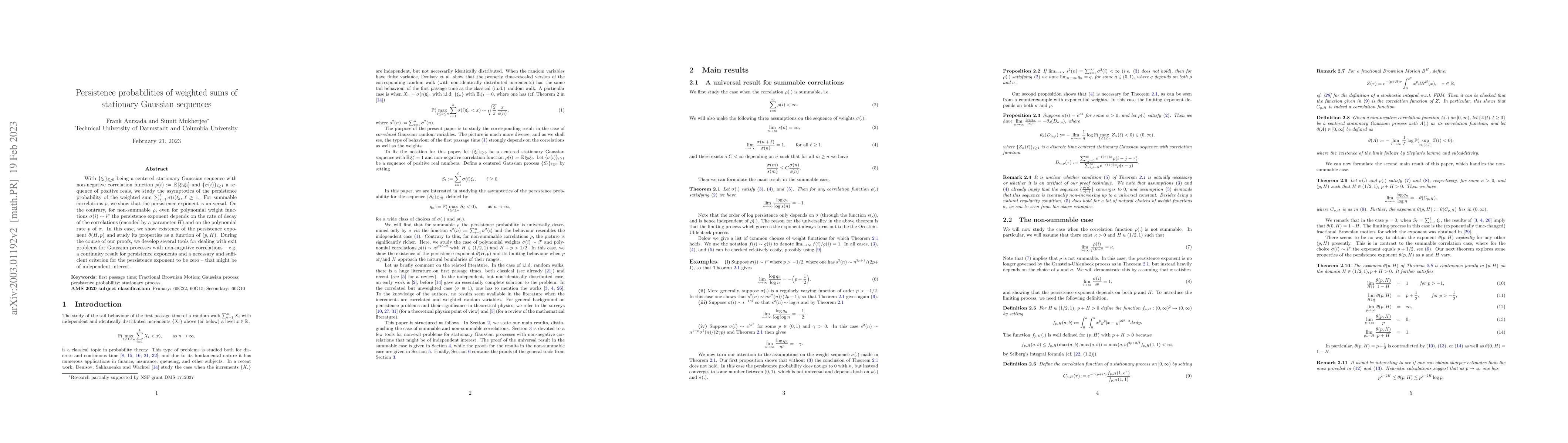 Thumbnail for Persistence probabilities of weighted sums of stationary Gaussian
  sequences
