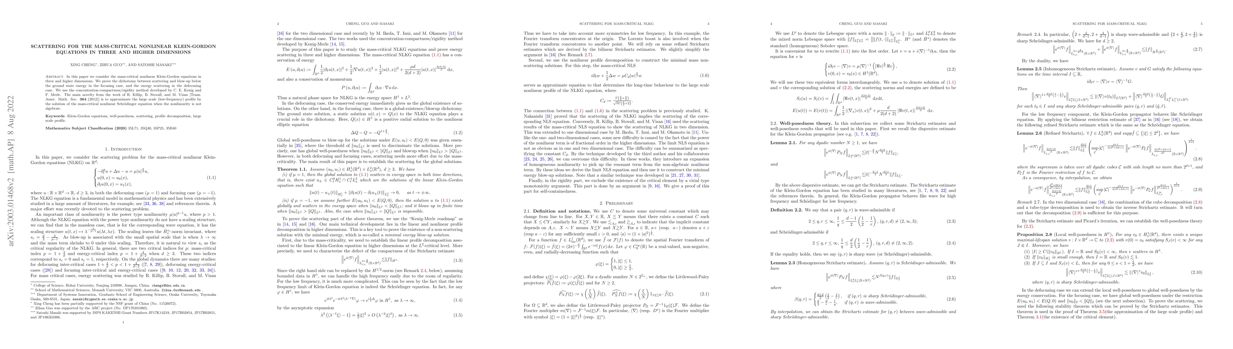 Thumbnail for Scattering for the mass-critical nonlinear Klein-Gordon equations in
  three and higher dimensions