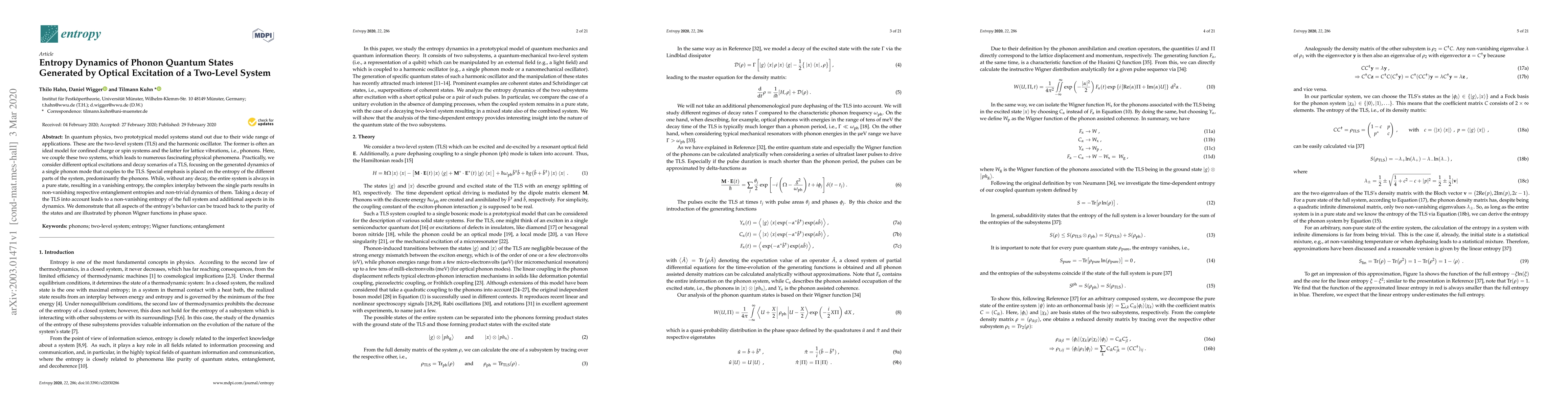 Thumbnail for Entropy Dynamics of Phonon Quantum States Generated by Optical
  Excitation of a Two-Level System